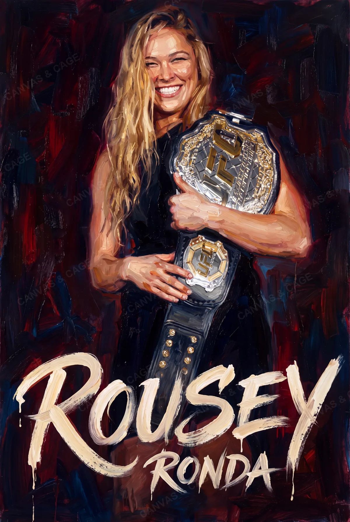 Ronda Rousey — The belt clutched to her chest, mid-laugh