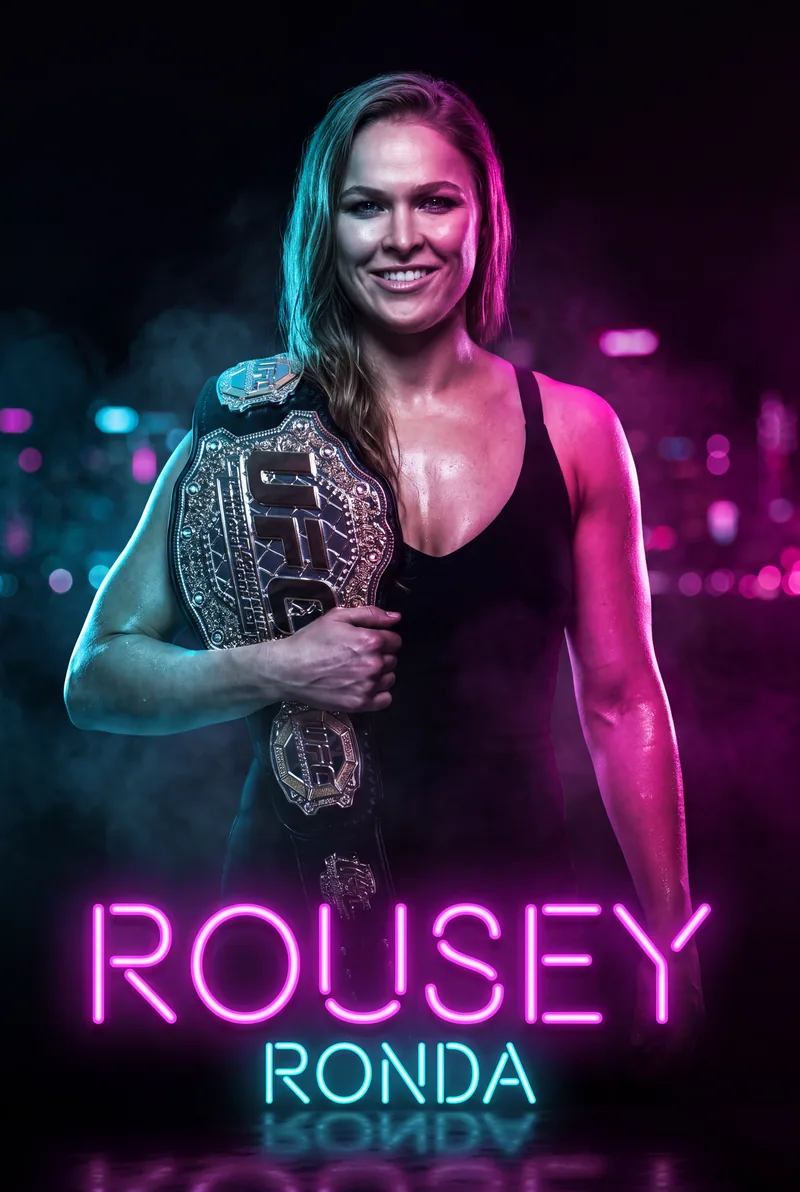Ronda Rousey — The belt up on one shoulder, smiling into the neon