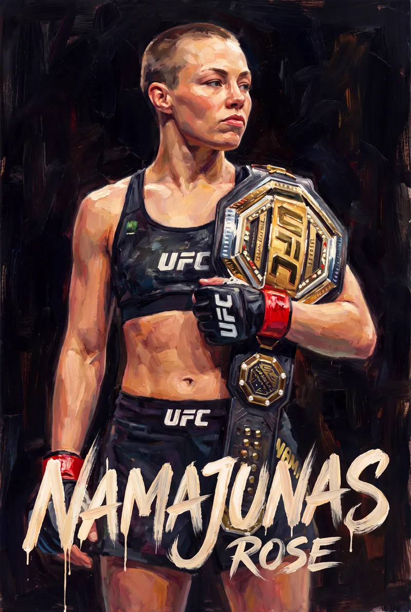 Rose Namajunas — The belt held across her chest, eyes somewhere else