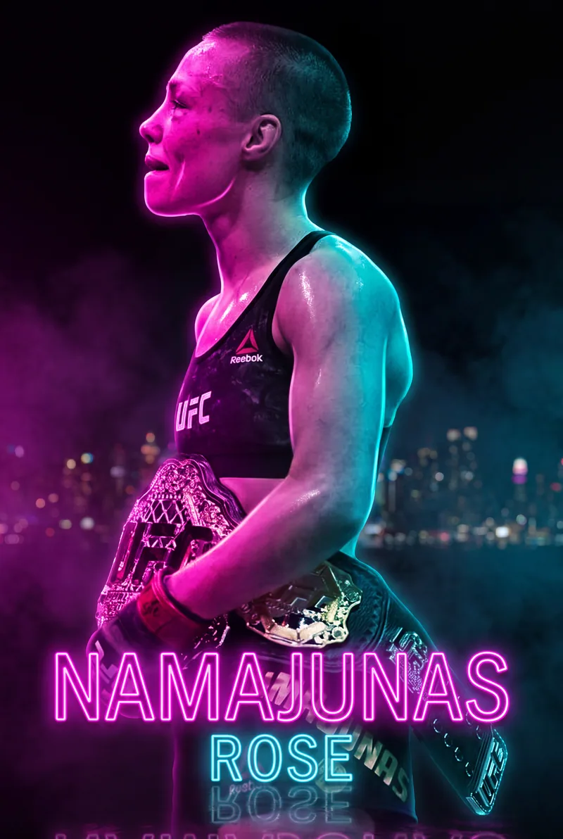 Rose Namajunas — Belt held at her waist, profile lit in neon