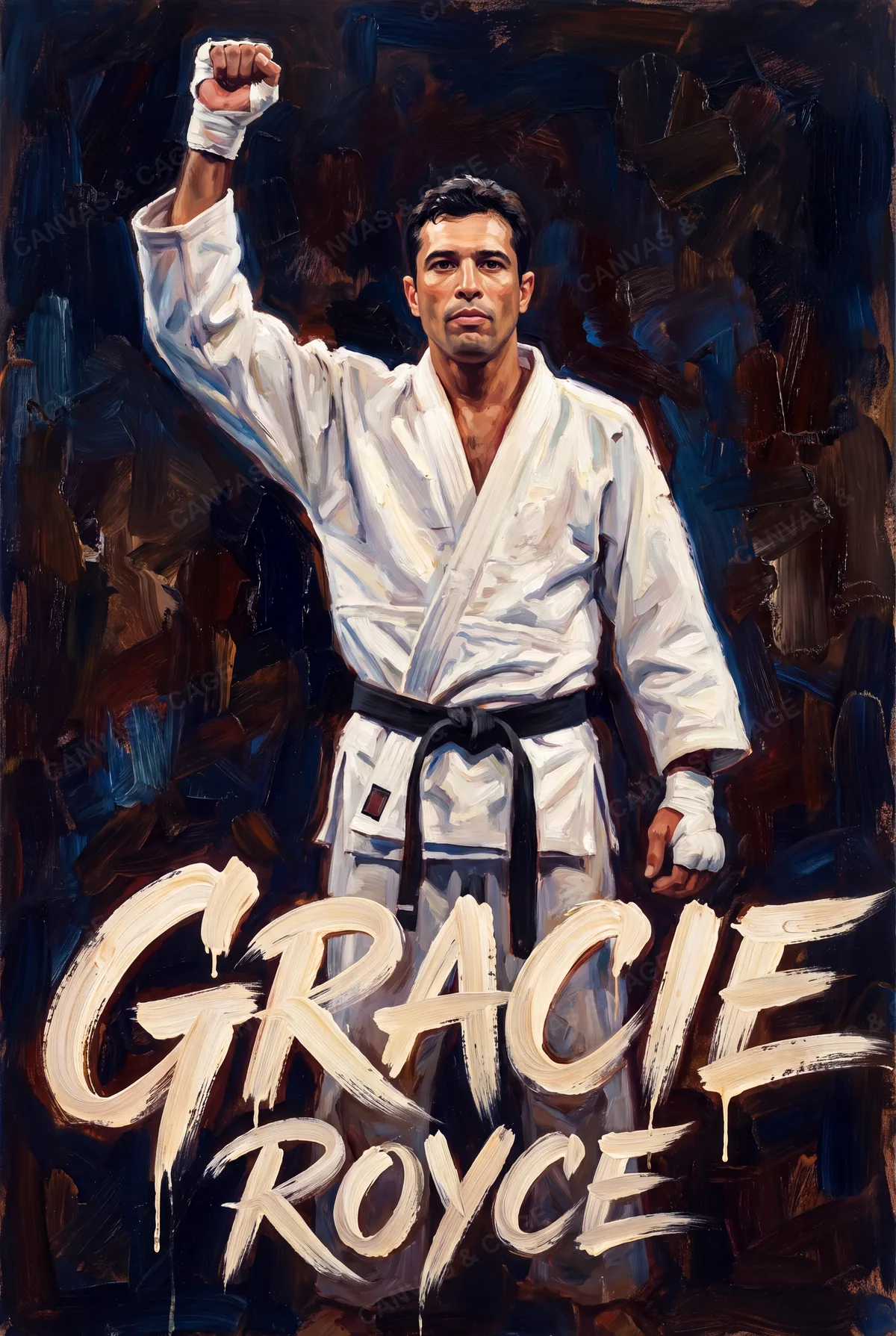 Royce Gracie — Fist raised in the white gi, black belt tied