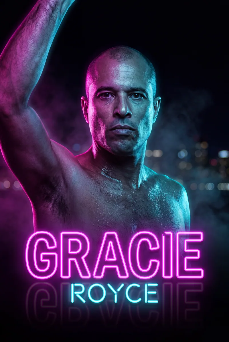 Royce Gracie — One arm raised, bare-chested under the neon