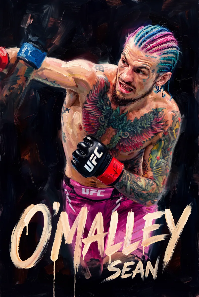 Sean O'Malley — Leaning in, arm extended, pink-and-blue braids and pink trunks