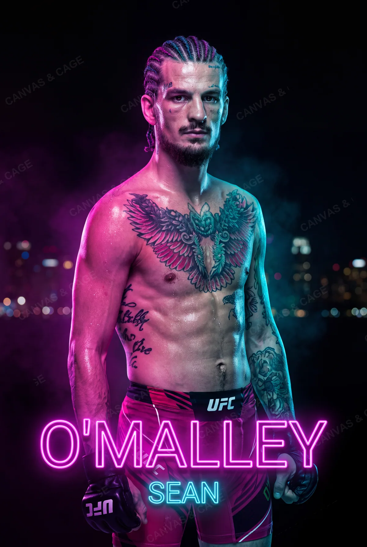 Sean O'Malley — Standing loose in the neon, wings inked across his chest