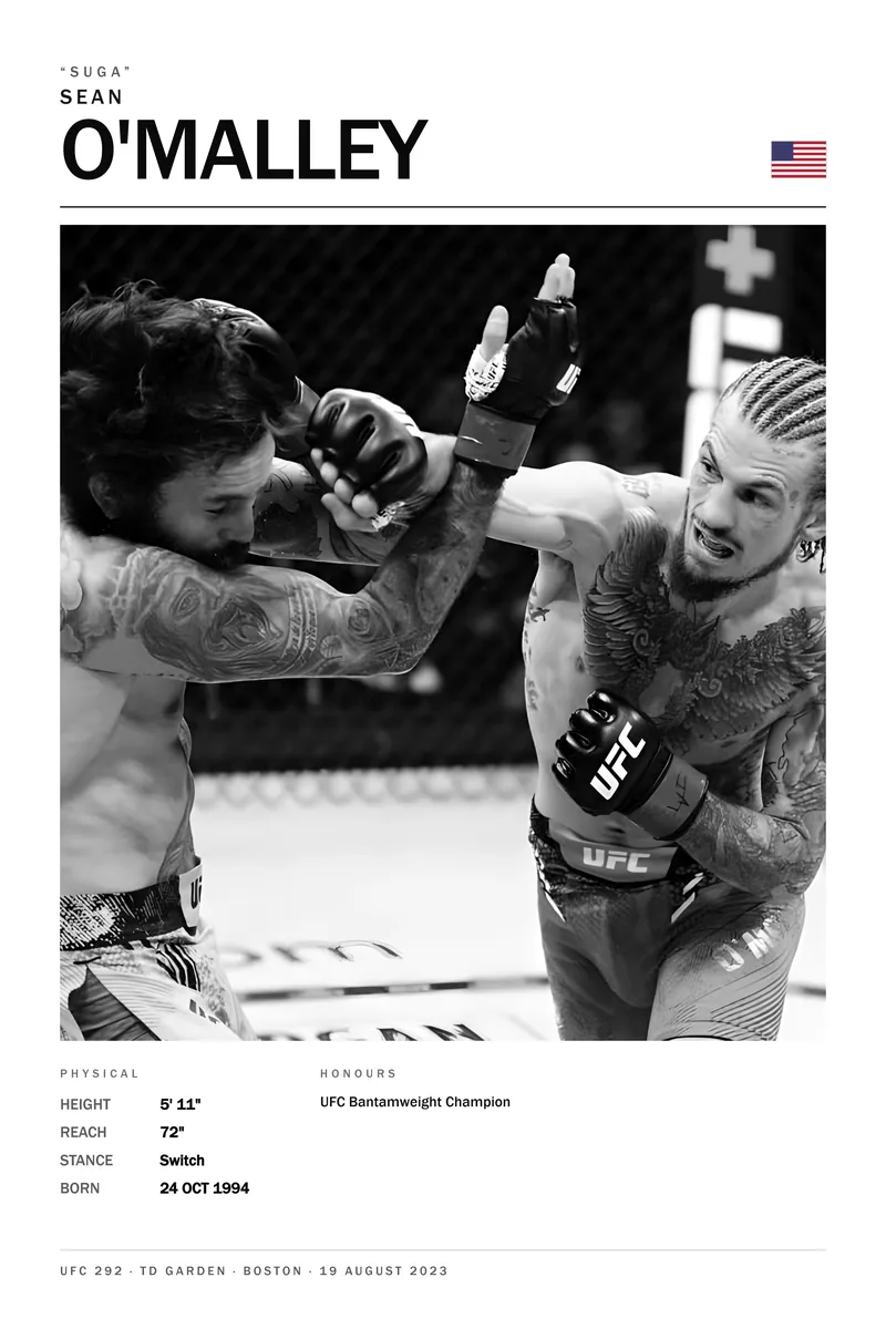 Sean O'Malley — Mid-exchange, one arm extended, the opponent ducking away