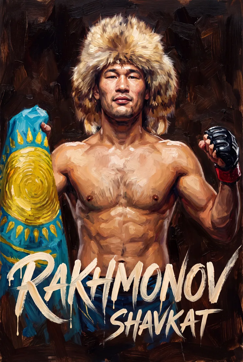Shavkat Rakhmonov — Painted in the fur hat, Kazakh flag hanging beside him