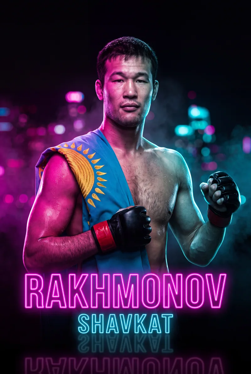 Shavkat Rakhmonov — Kazakh flag over the shoulder, gloves up, neon behind