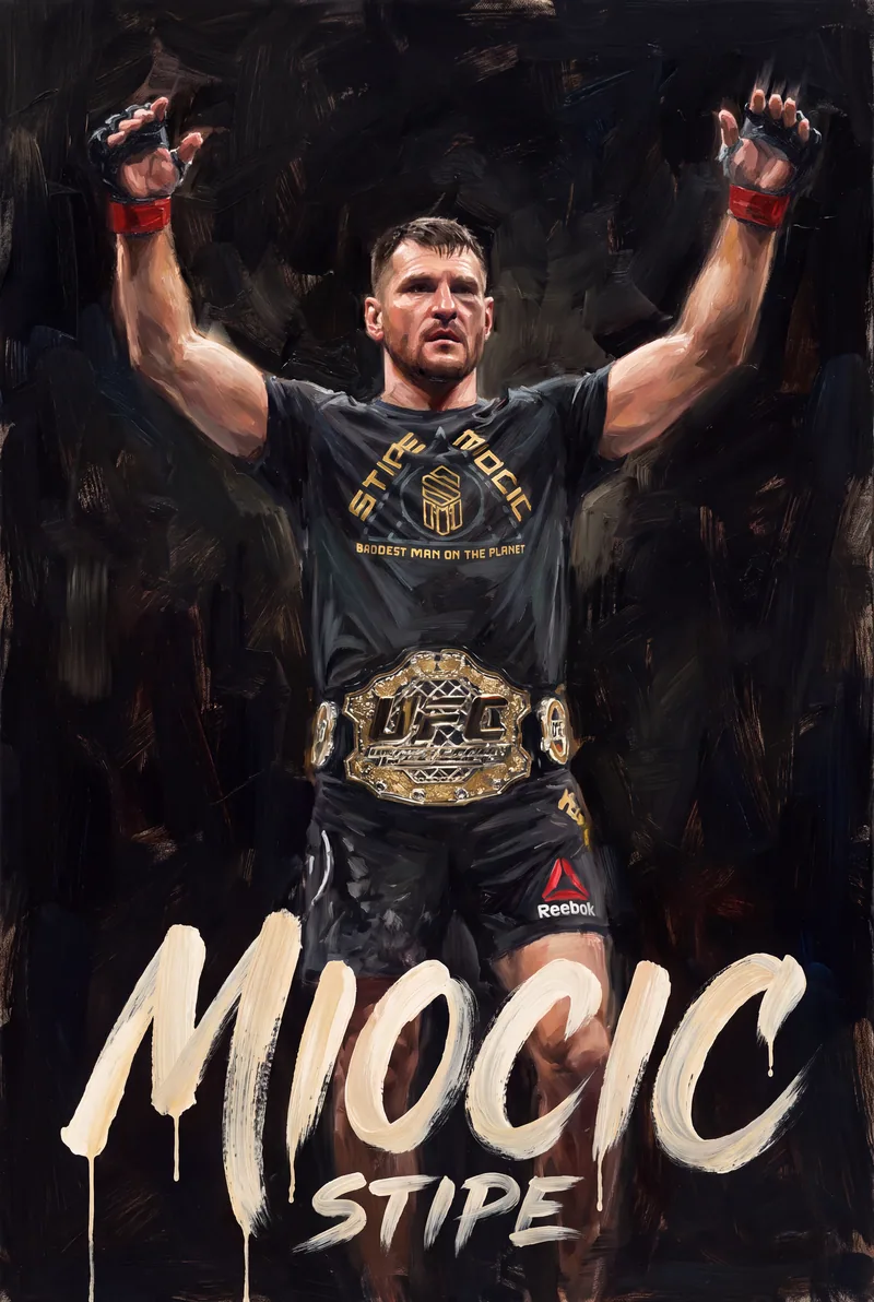 Stipe Miocic — Both arms up, the heavyweight belt around his waist