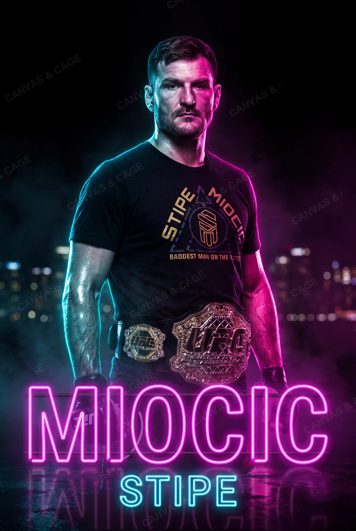 Stipe Miocic — Standing still in the neon, UFC gold across his waist