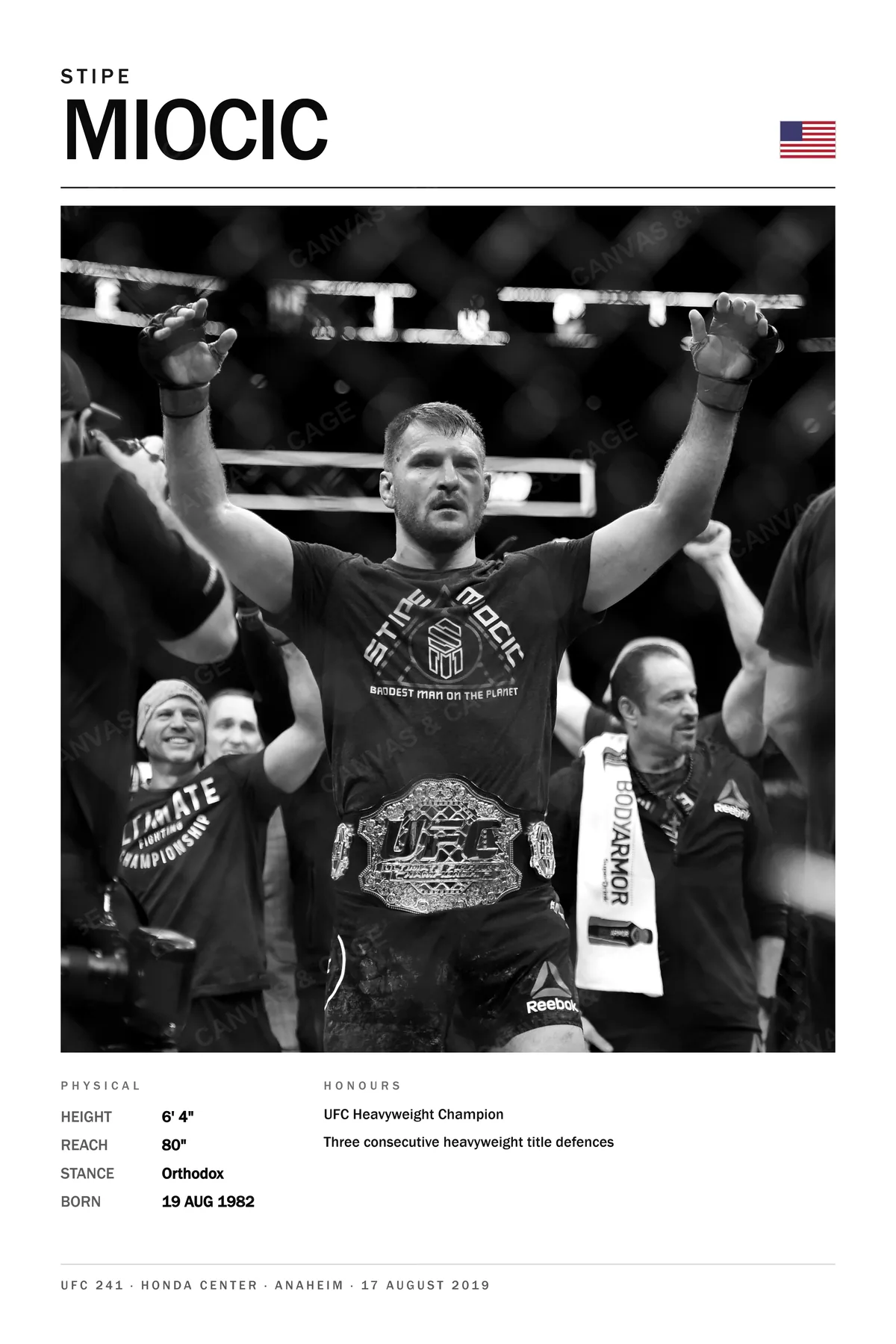 Stipe Miocic — Arms up in the cage, the heavyweight belt at his waist, UFC 241