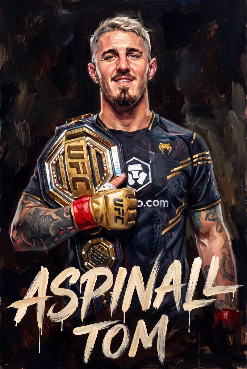 Tom Aspinall — Painted holding the belt across his chest, gold glove
