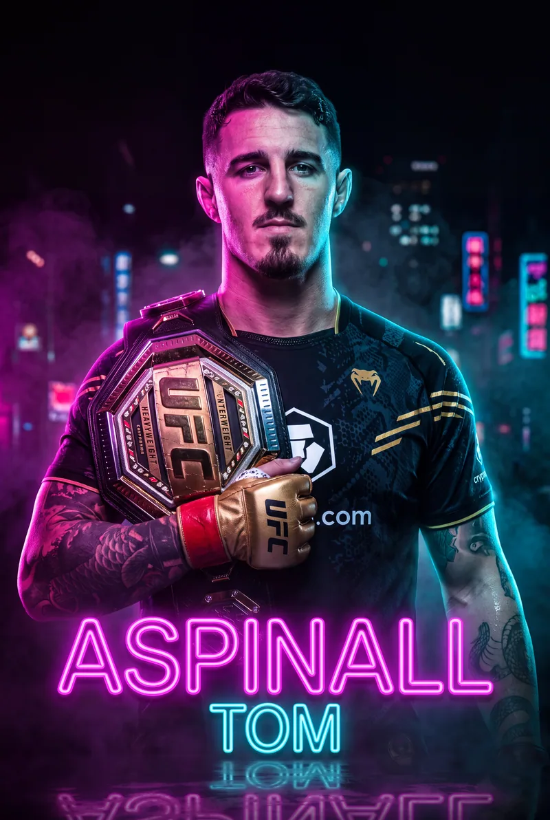 Tom Aspinall — The belt up on his shoulder, gold glove gripping the strap