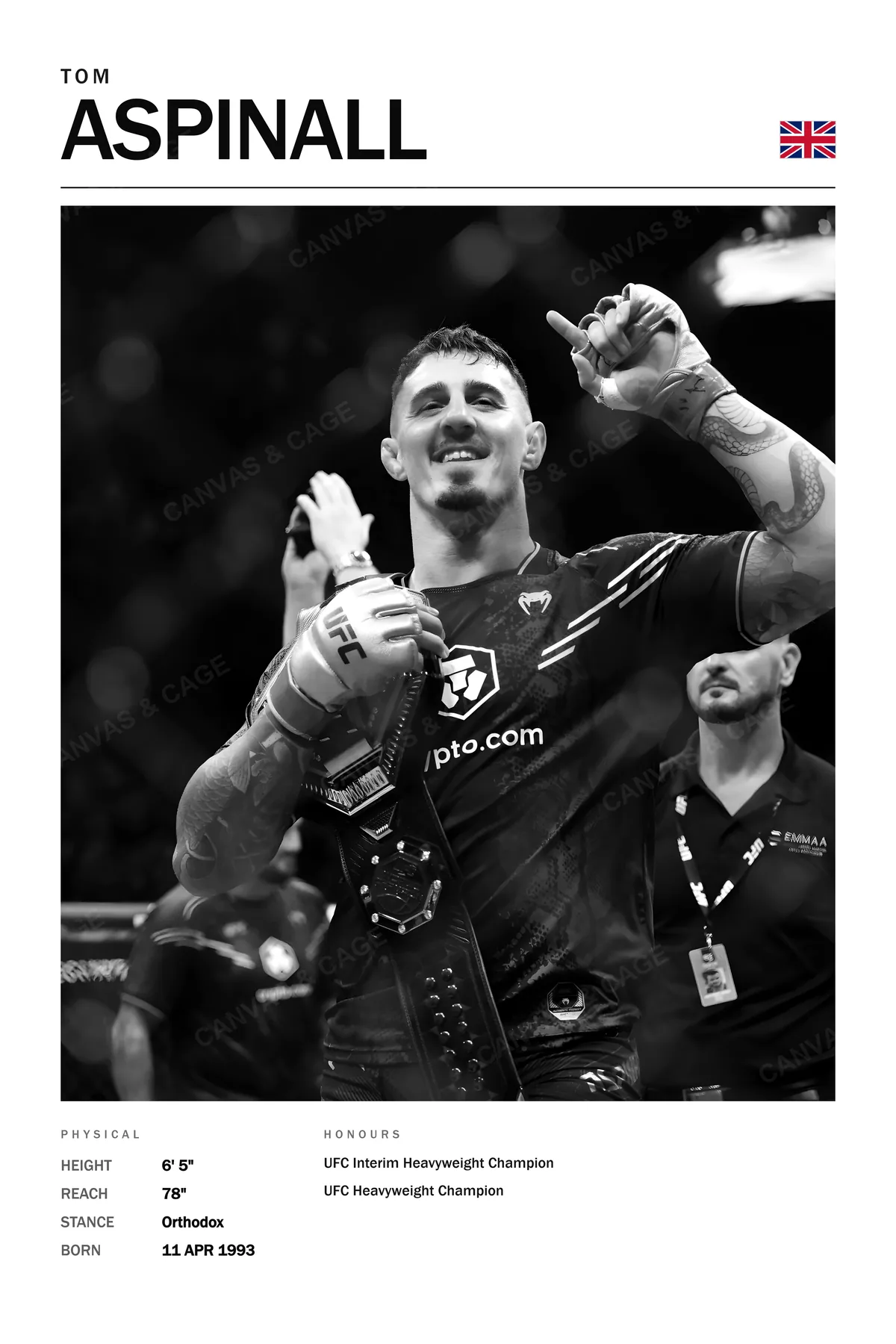 Tom Aspinall — The belt over his shoulder, arm raised, grinning