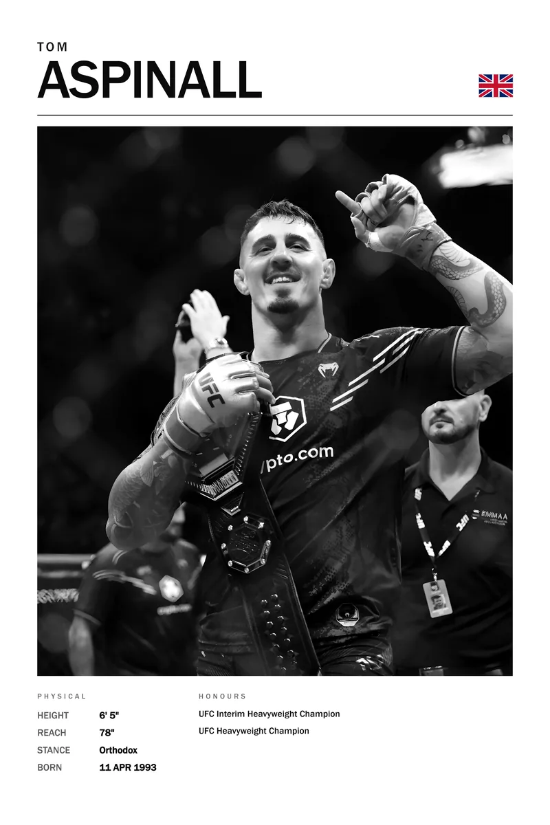 Tom Aspinall — The belt over his shoulder, arm raised, grinning