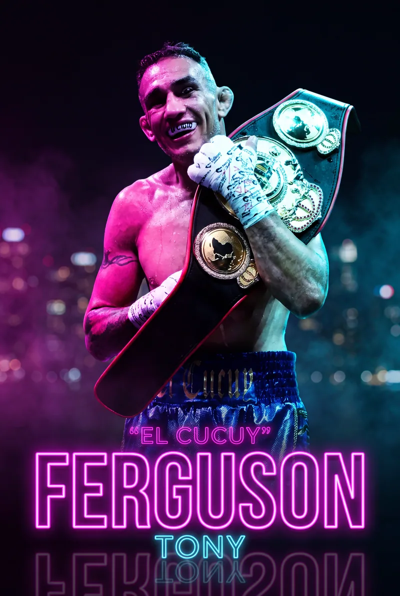 Tony Ferguson — Blood-streaked and grinning under magenta and cyan light