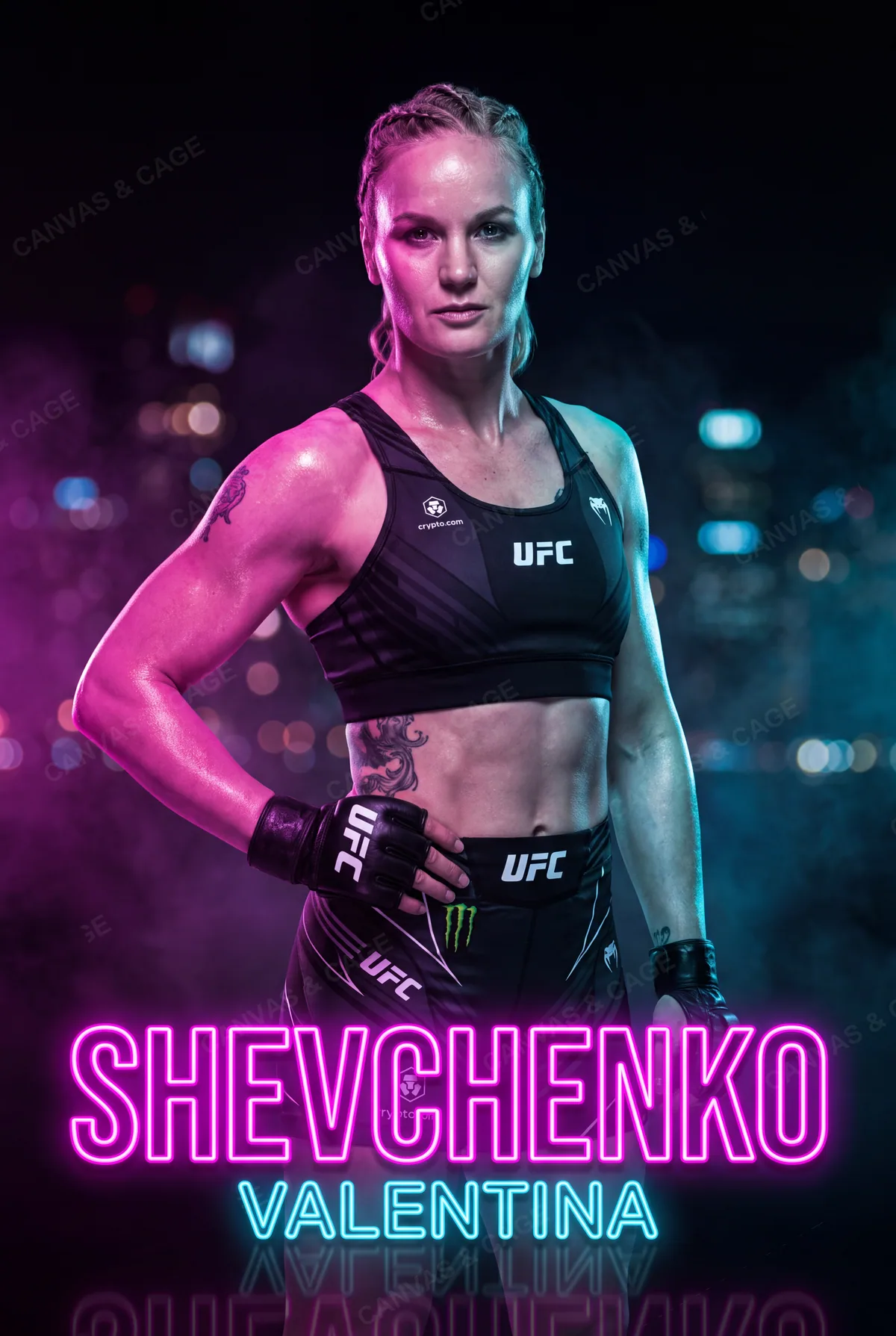 Valentina Shevchenko — Hand on hip, staring down the neon