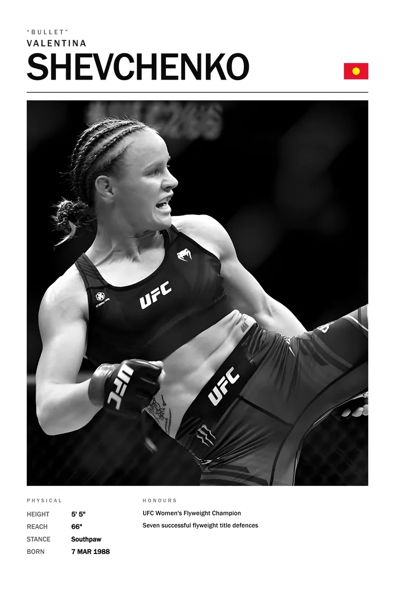 Valentina Shevchenko — The leg driven up high, glove tucked to her chest