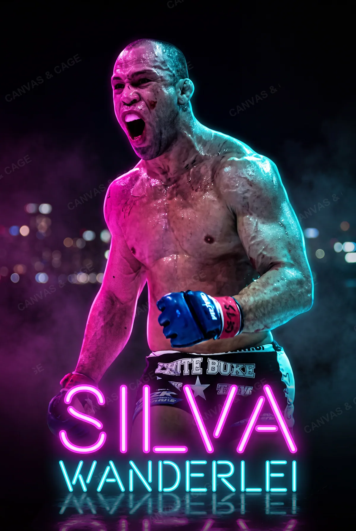 Wanderlei Silva — Marked up and roaring under the neon, gloves still on