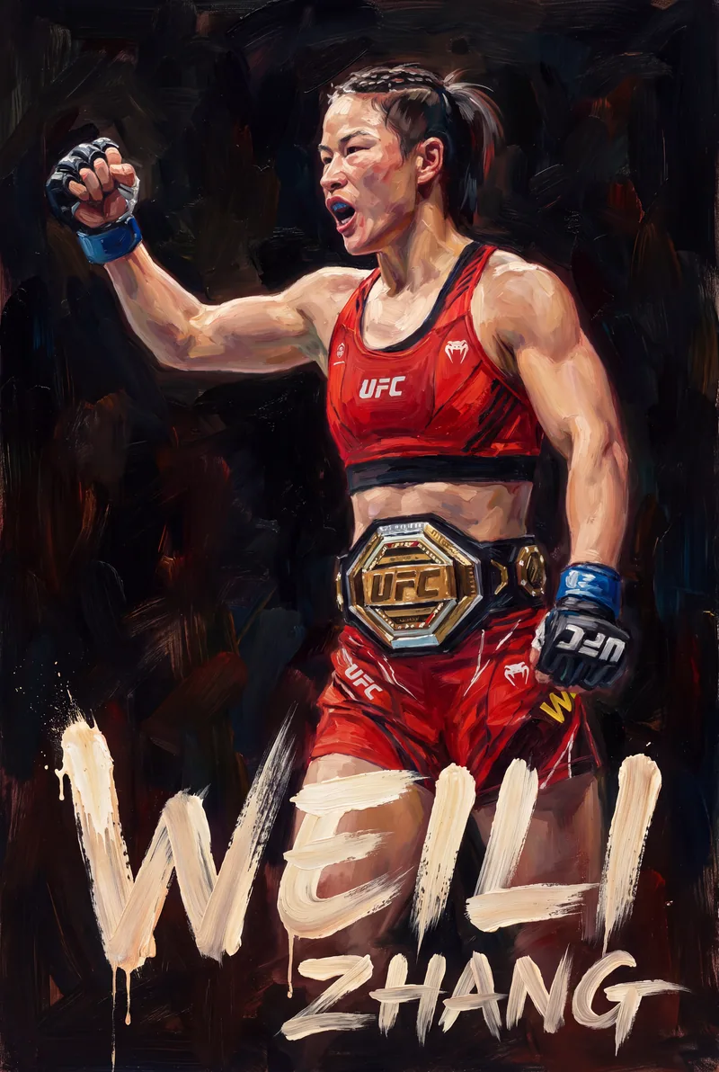 Zhang Weili — Fist up with the strawweight belt on, mid-roar