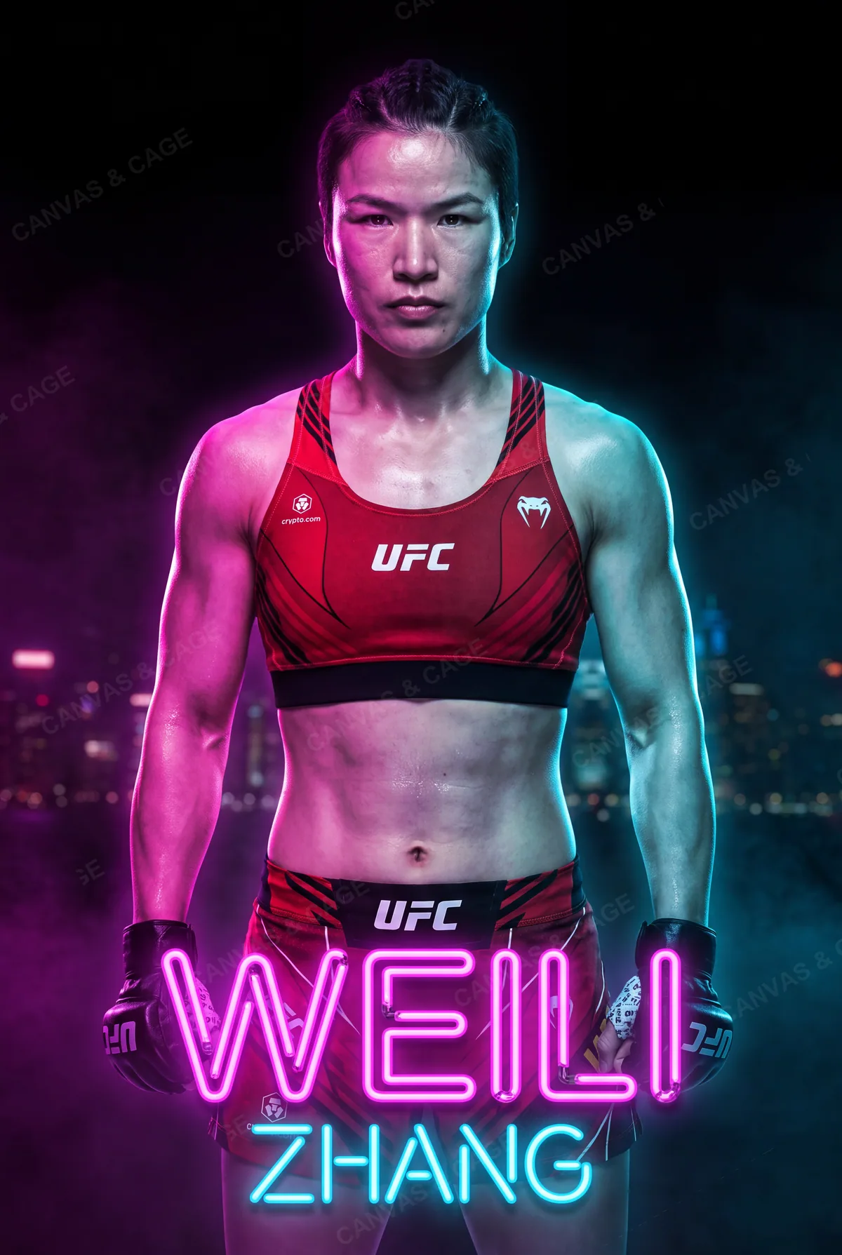 Zhang Weili — Squared to the camera under the neon, gloves on