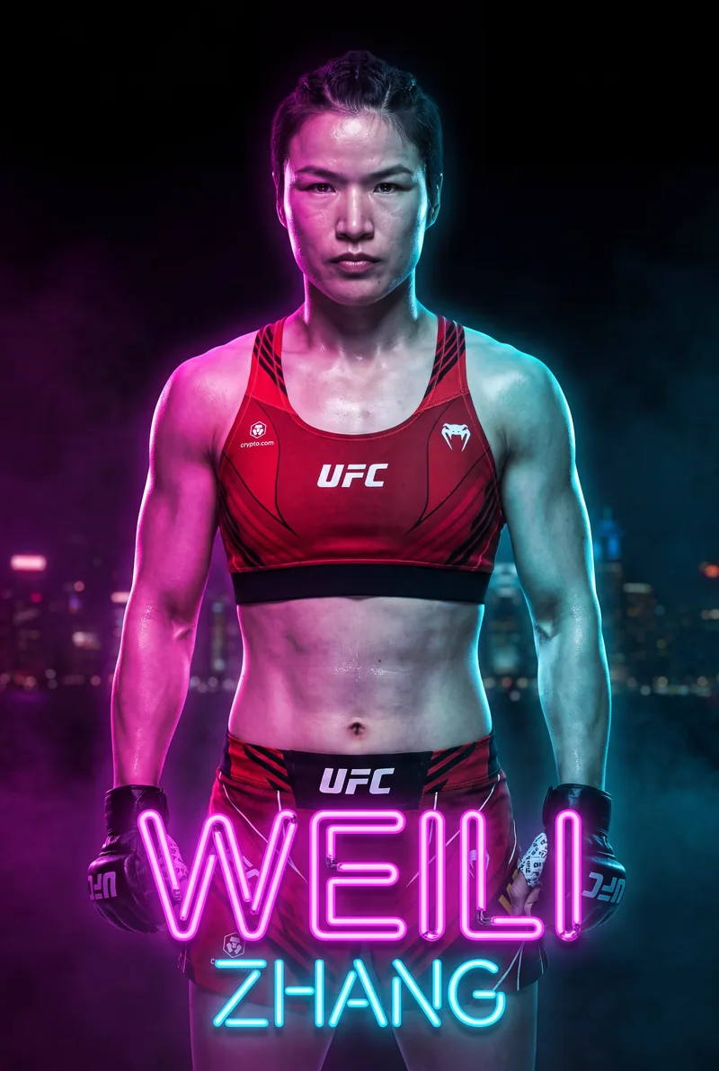 Zhang Weili — Squared to the camera under the neon, gloves on