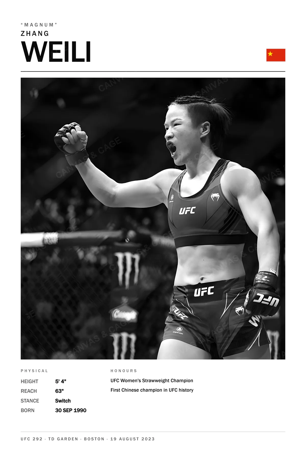Zhang Weili — Fist raised, roaring in the cage, UFC 292